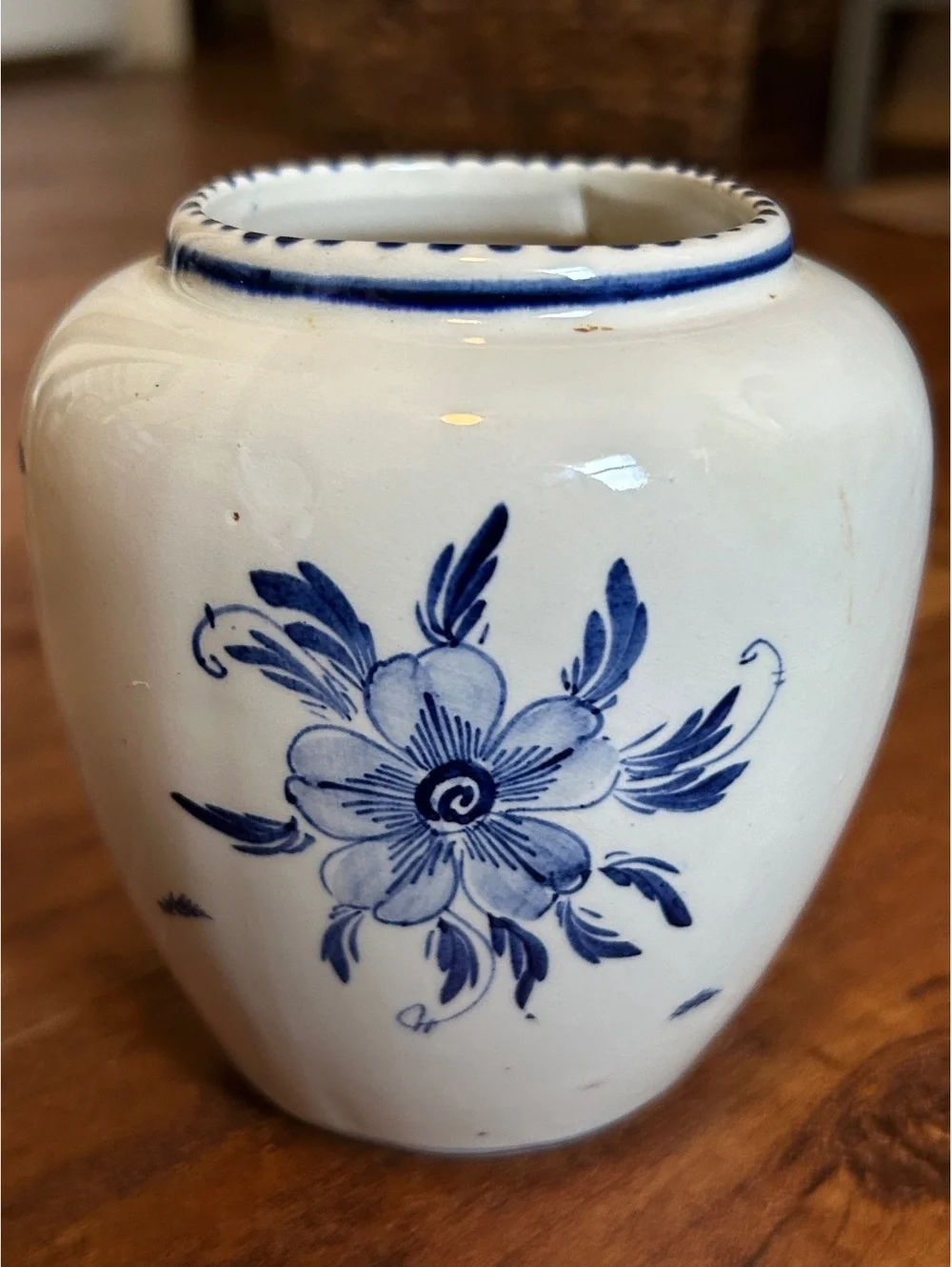 Vintage Delft Blue Ceramic Vase with Sailing Ship and Floral Design